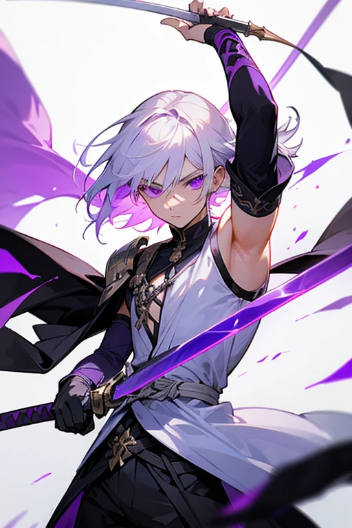A boy with shoulder-length white hair, purple eyes is a sword white handle purple blade, with black and white clothes that have no sleeves leaving the arms free, he just has the sword in the sheath