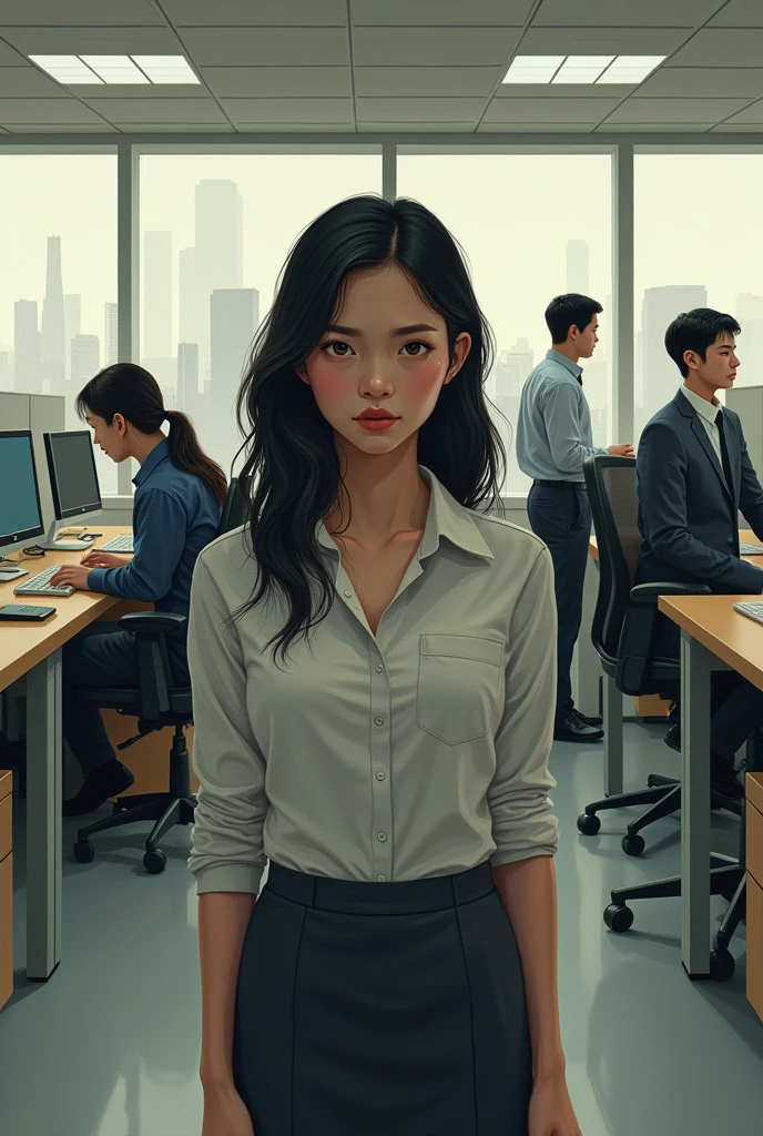 Illustration of Asian who is discriminated in company office.