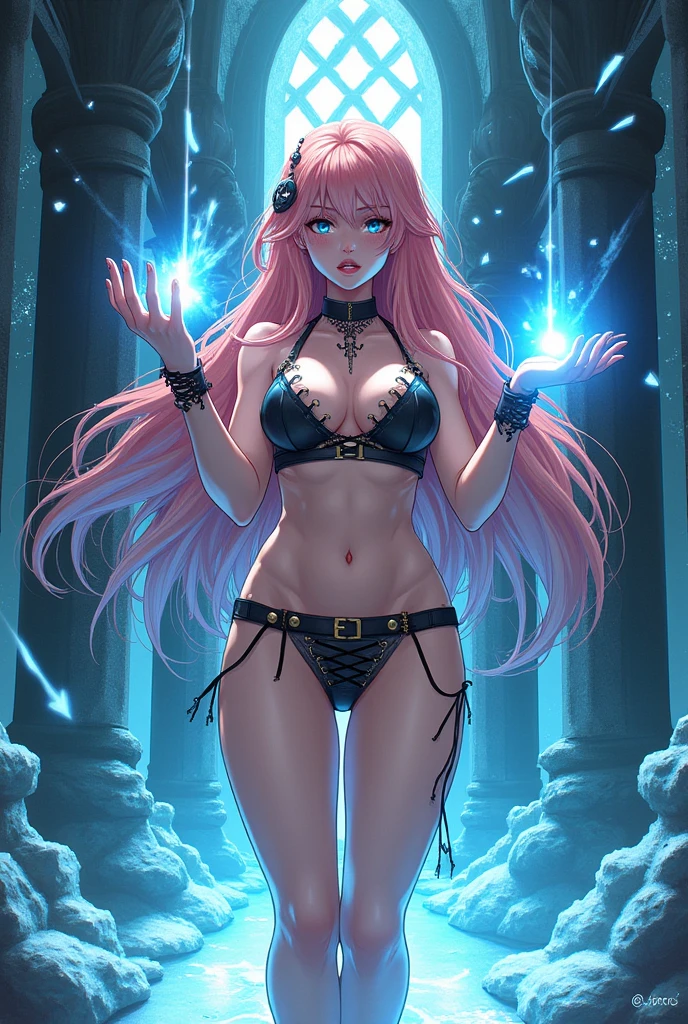Flare, with her long peach-pink hair and piercing blue eyes, stands in a hall of broken mirrors, dressed in a striper bra and lace-up panties. In a moment of calm, she examines her spells, with an expression of contempt and arrogance. His movements are calculated and imprecise, reflecting his egocentrism.
do it anime style