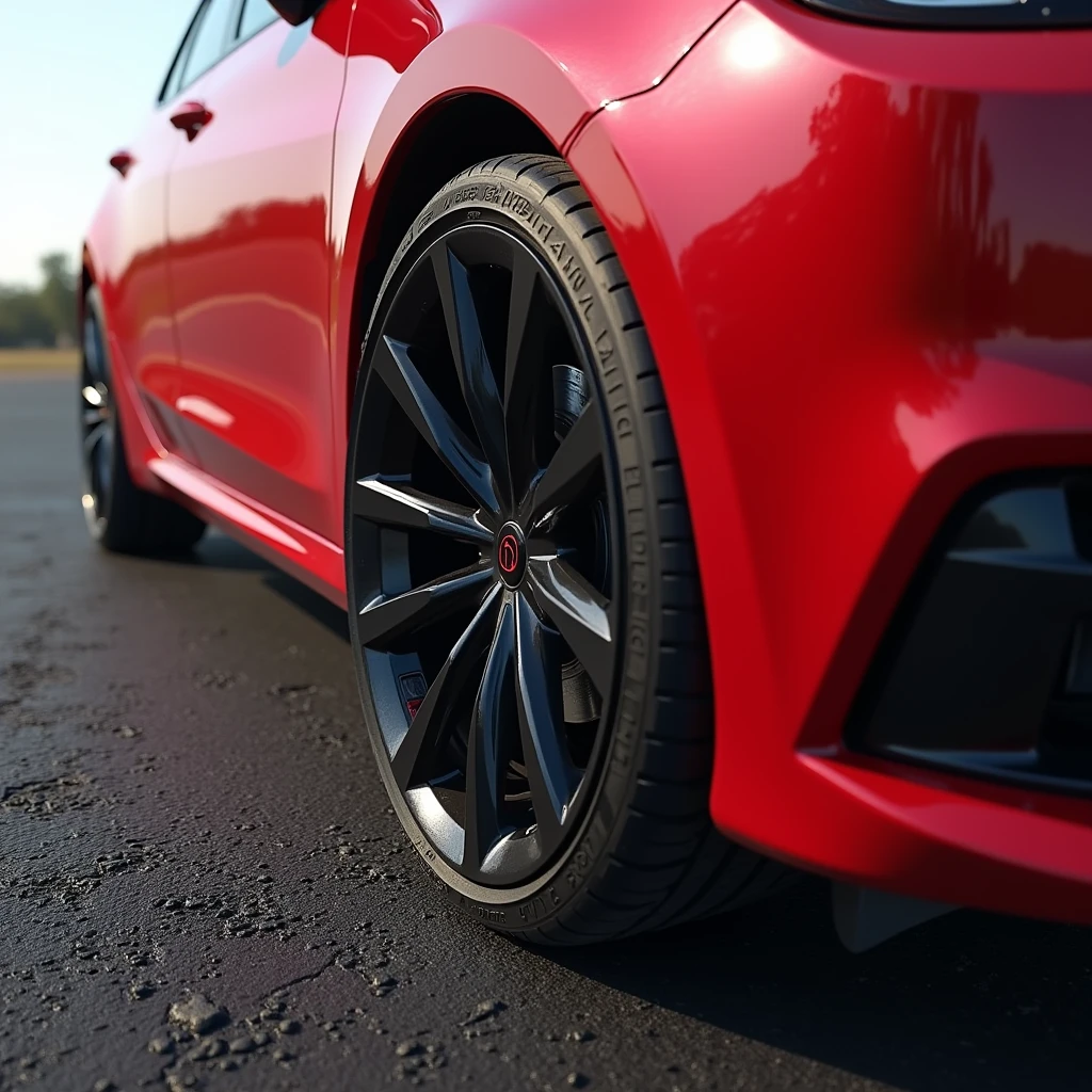 pick up a red car on asphalt with misaligned tire, ultra-realistic, 8k resolution, sharp focus