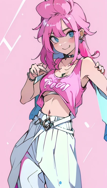 A smug narcissistic pink haired woman wearing a pink bra under a white tank top and blue pants and lots of jewelry flaunting herself