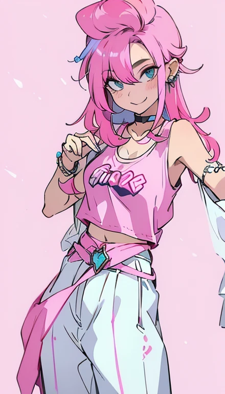 A smug narcissistic pink haired woman wearing a pink bra under a white tank top and blue pants and lots of jewelry flaunting herself