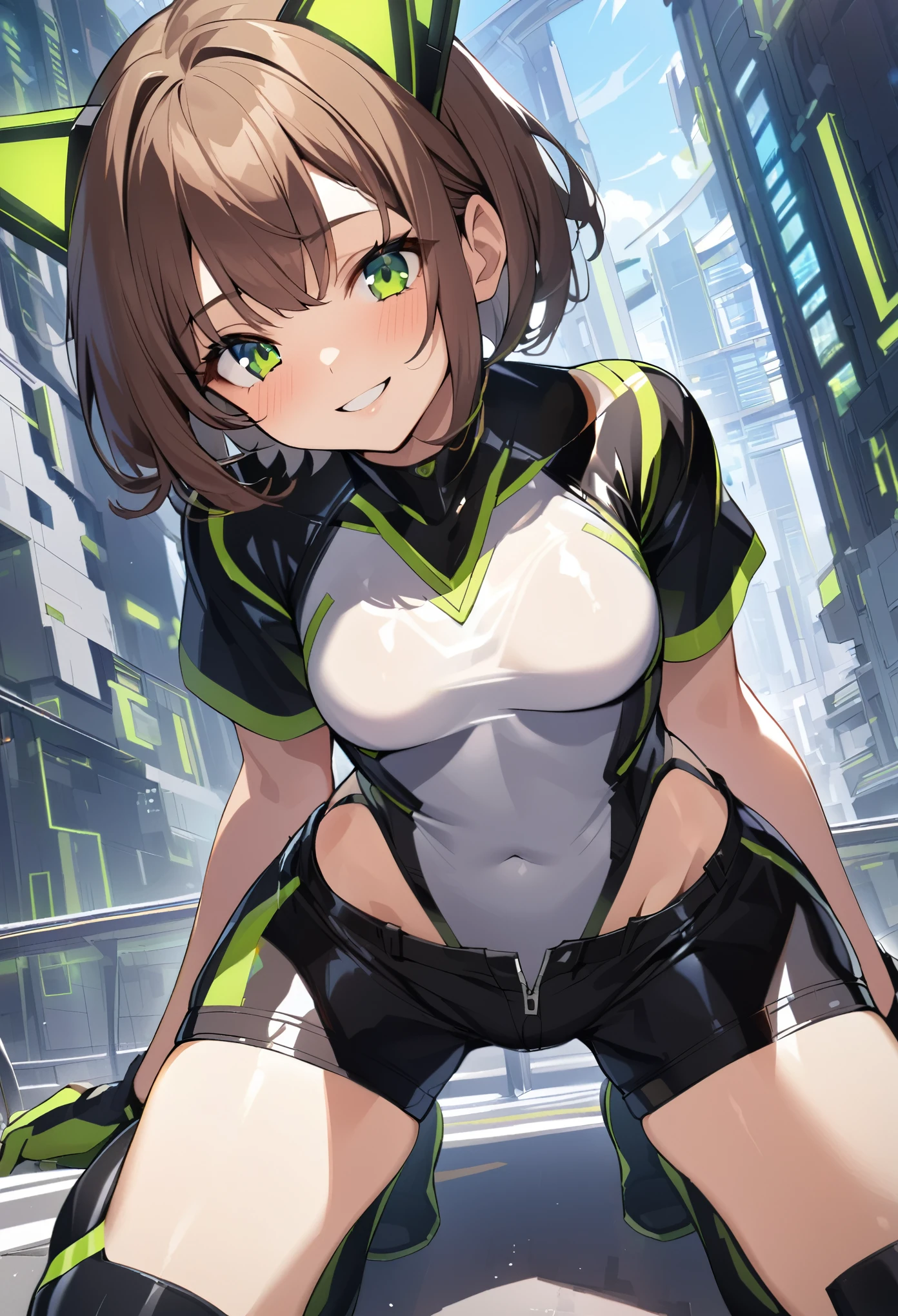 1teen_girl, kneeling with one hands on the ground solo, short hair, brown hair, short sleeves, (latex_bodysuit), robot ears, green eyes, (very_short_shorts:1.5), short sleeves, short over long sleeves, bare_thighs,smile, in futuristic city, , high quality, medium_breasts,crotch, slouch,groin,dynamic_angle,open_legs,