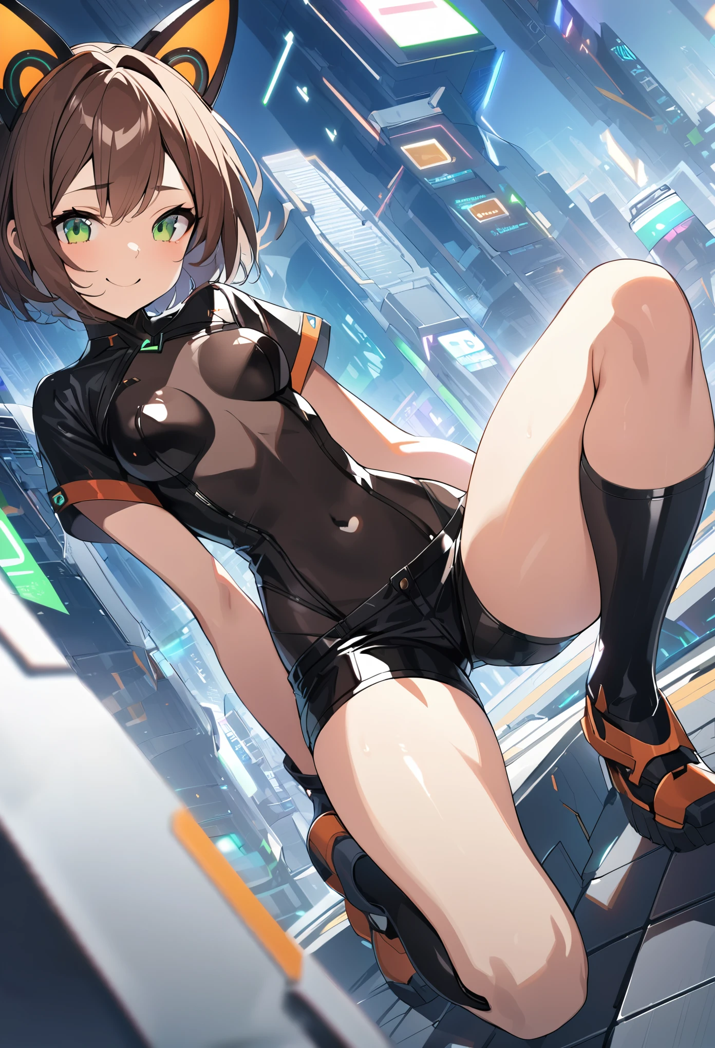 1teen_girl, kneeling with one hands on the ground solo, short hair, brown hair, short sleeves, (latex_bodysuit), robot ears, green eyes, (very_short_shorts:1.5), short sleeves, short over long sleeves, bare_thighs,smile, in futuristic city, , high quality, medium_breasts,crotch, slouch,groin,dynamic_angle,open_legs,