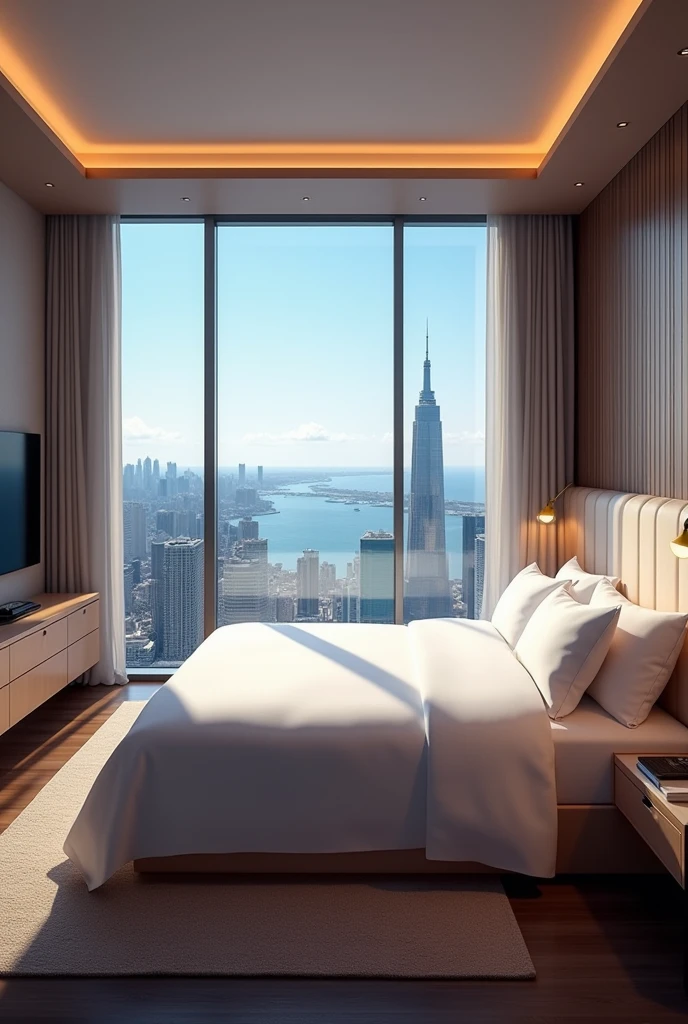 Create a deluxe skyline room over viewing the vast sea with ambiance, king size bed, and a balcony,, mini bars, tables and tv sets with a bathroom