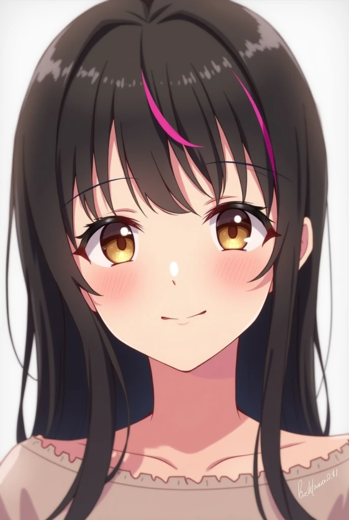 Young woman of 2. Straight black hair with 3 pink strands. Brown eyes. smiling. anime "Nanatzu's Taizai"