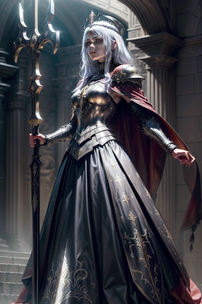 ((Gold crosses, golden accents)), ((Full body)), ((Female warrior, Female queen, Princess crown, Crown with cross, bishop inspired crown, battle skirt, battle axe, double sided axe)), (Red eyes, white hair), ((Red cardinals inspired armor)), ((Iron byzantine lamell armor)), ((royal cape, cardinals cape)), ((Iron Roman catholic church inspired armor)), ((Iron Red intricate details on armor)), ((Iron Cardinals inspired armor)), (First crusade), (Chain mail), (gothic), photorealistic, hyperrealistic, 8k, high quality, cinematic, dramatic lighting, dark fantasy, moody atmosphere, intricate details, ominous, mysterious, grim, menacing, foreboding, eerie, unsettling, somber, haunting, chiaroscuro, dramatic shadows, dramatic highlights