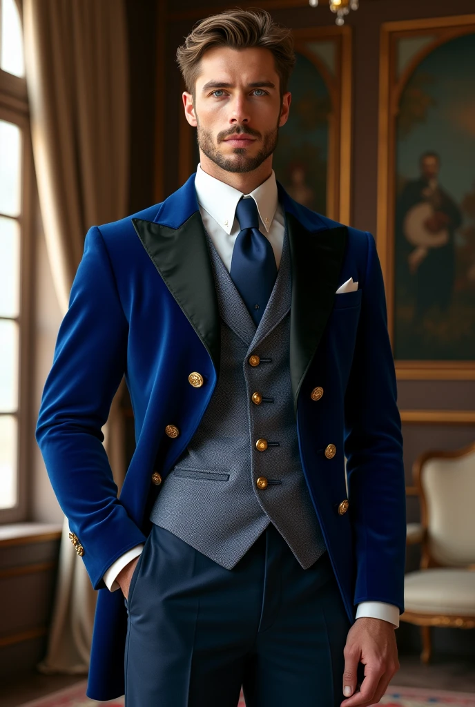 A handsome 30-year-old prince with blue eyes, light brown hair with blond tones and very white skin., perfectly athletic body,  He wears a royal blue velvet suit with black satin lapels and gold buttons.. He wears a light blue vest with a brocade pattern, a white linen shirt and a dark blue silk tie. Her tight pants match with black leather boots, displaying a regal and elegant bearing.