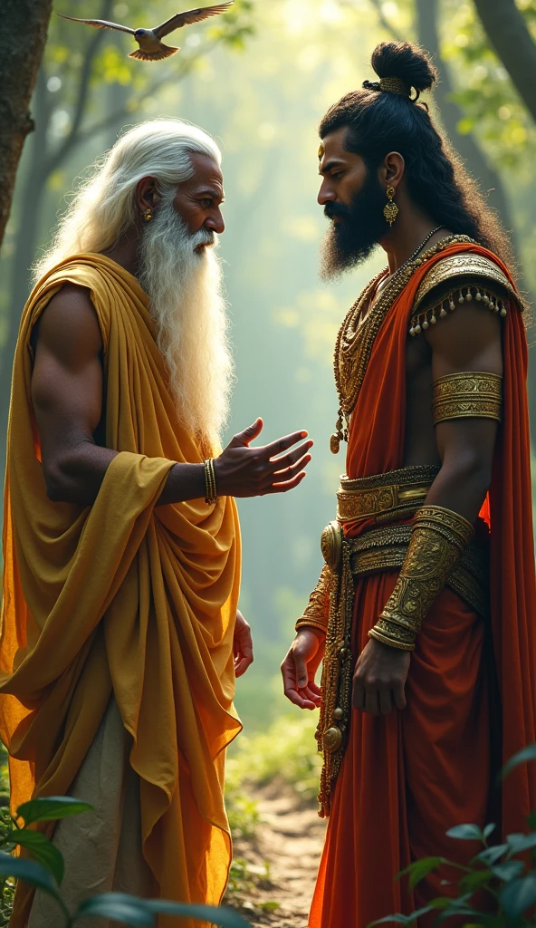 “Indra, the king of the gods, is disguised as an elderly Brahmin with a long white beard and simple robes. He stands in front of Karna, who is still in his warrior attire. Indra is gesturing towards Karna, requesting his golden armor and earrings. The setting is a serene, forested area, with birds in the background, emphasizing the divine nature of the meeting.”