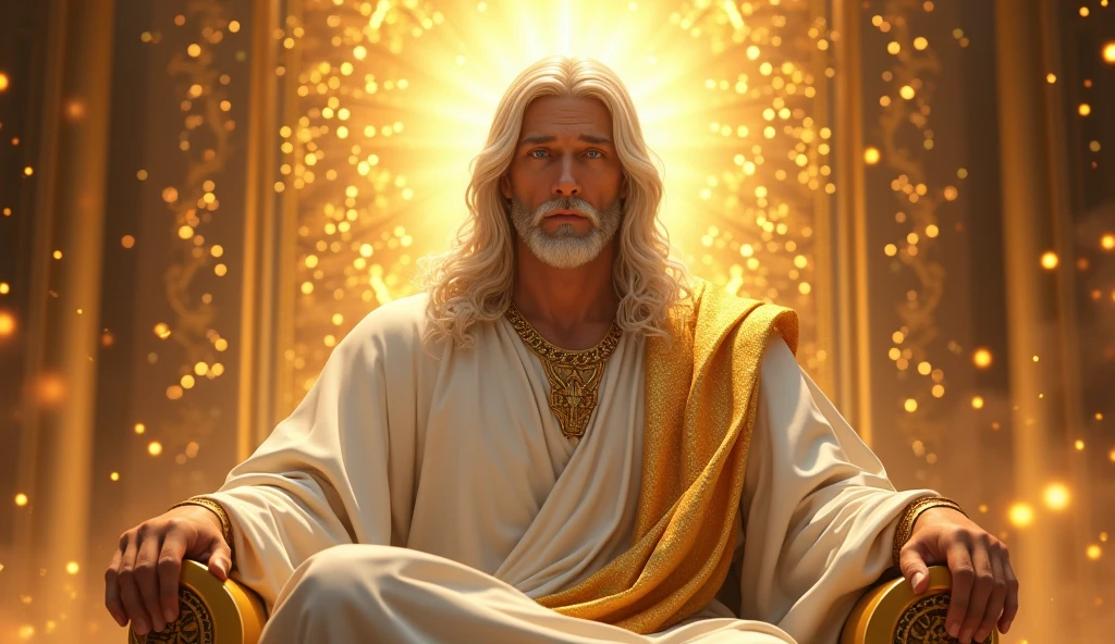 The Lord Jesus Christ mid 30s with long white hair, tanned skin, lavender color and blue eyes, handsome, calm, white and gold robe, seated on a golden thrown at the right hand of His Father in Heaven, fiery golden light surrounds Him:: Masterpiece, realistic, detailed, style raw, 3D, 32K UHD resolution, --s 1000