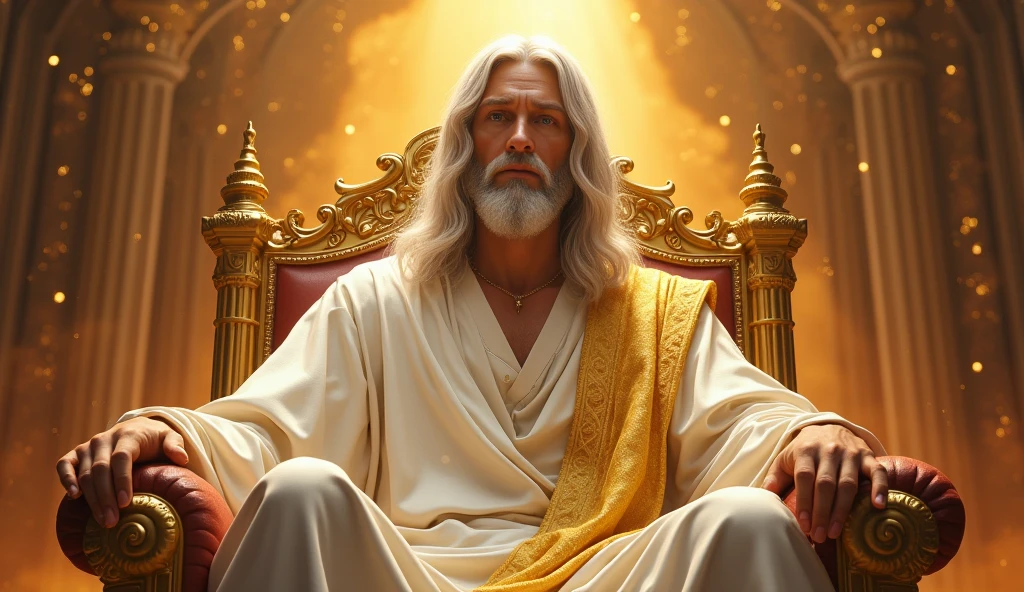 The Lord Jesus Christ mid 30s with long white hair, tanned skin, lavender color and blue eyes, handsome, calm, white and gold robe, seated on a golden thrown at the right hand of His Father in Heaven, fiery golden light surrounds Him:: Masterpiece, realistic, detailed, style raw, 3D, 32K UHD resolution, --s 1000