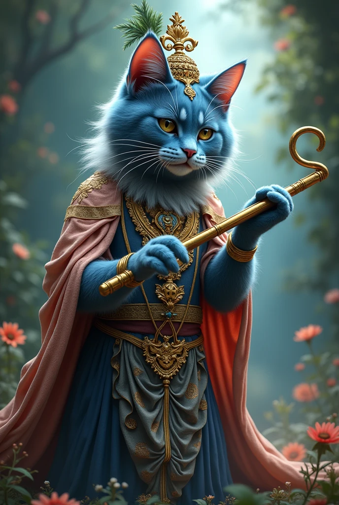 a male Persian blue cat with reading flute with lord krishna costume