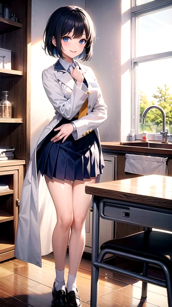 Top quality, ultramarine short bob high school girl, uniform, blue eyes, smile,School Science Laboratory,science experiments, white coat