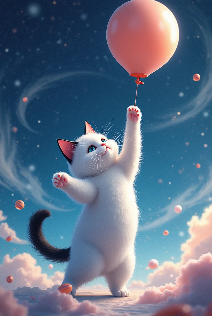 White cat, black ears, Hachiware, space, balloon, playing
