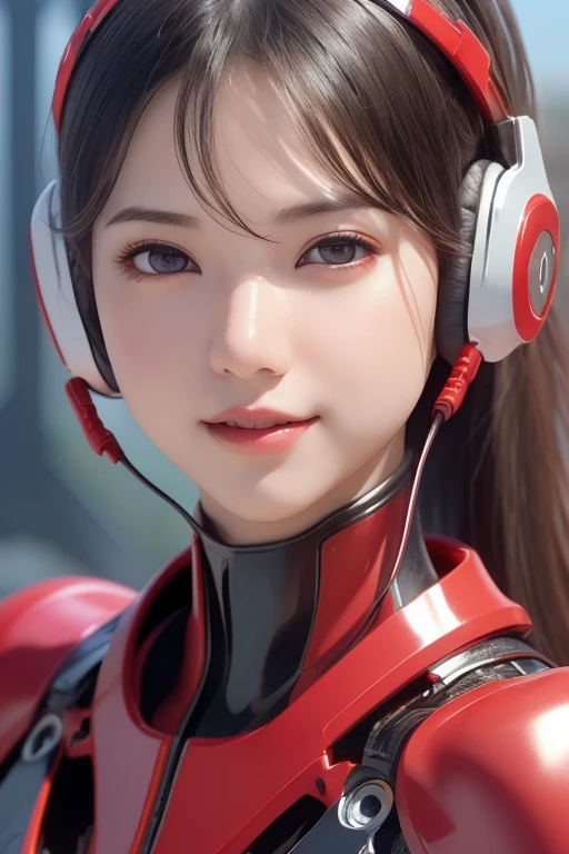 Top Quality, Masterpiece, Ultra High Resolution, (Photorealistic: 1.4), Raw Photo, 1 Girl, Black Hair, Glossy Skin, 1 Mechanical Girl, (((Ultra Realistic Details)), Portrait, Global Illumination, Shadows, Octane Rendering, 8K, Ultra Sharp, Intricate Ornaments Details, realistic skin, sweat effect, ((wearing Headphone)), very intricate detail, realistic light, CGSoation trend, brown eyes, glowing eyes, matte red and glossy red mechanical bodysuit, Long hair, black hair, Ponytail hair, full body shot, spaceship bridge background, dynamic pose, cute smile, close up,