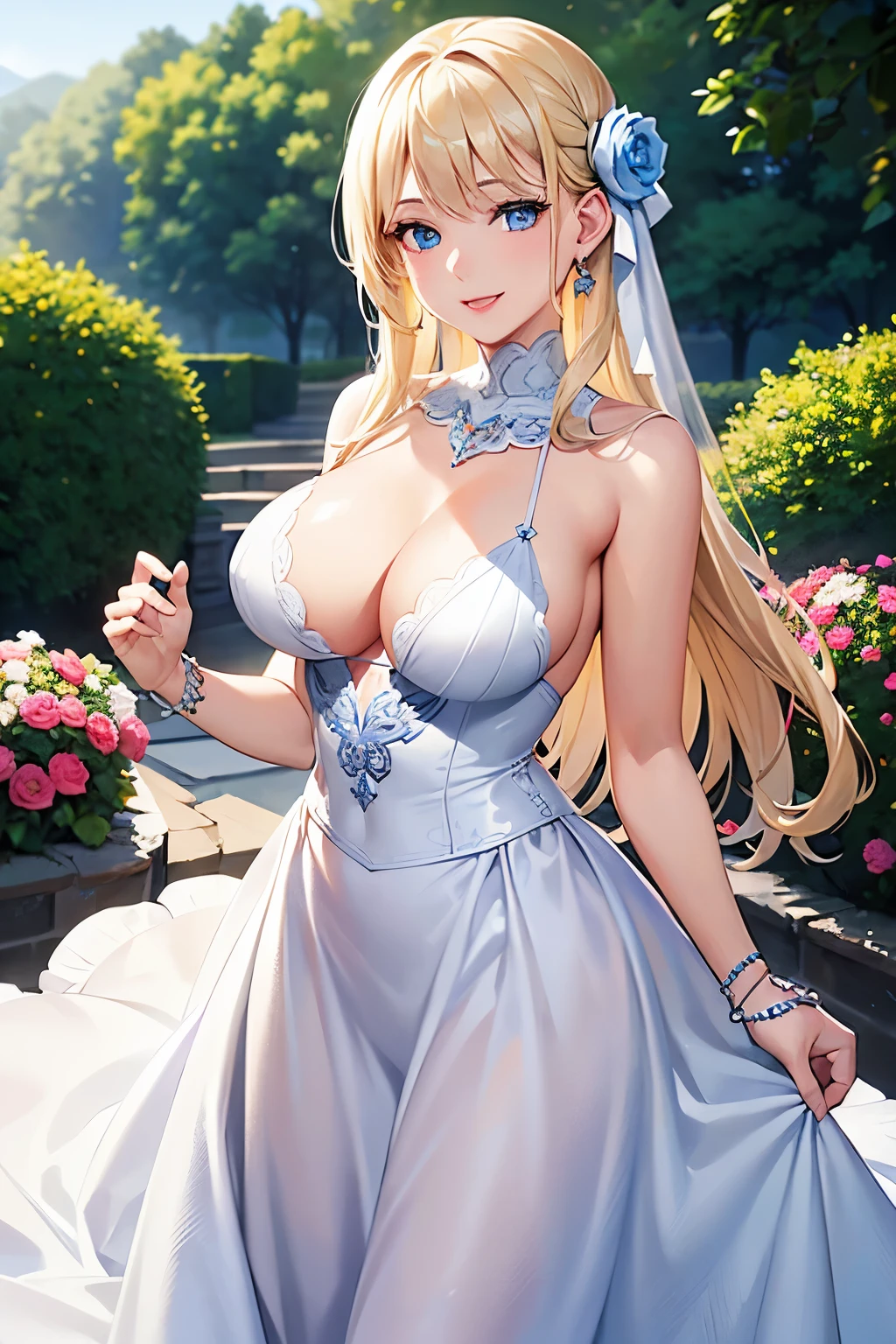 a girl ,8k, (masterpiece:1.2), (realistic, photo-realistic),large , blonde white skin, blue eyes, elegant dress, jewelry, in a blooming garden, giving a cute smile, delicate face, detailed skin, realistic skin details, visible pores, best quality