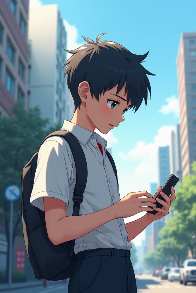 Anime boy looking at his cell phone