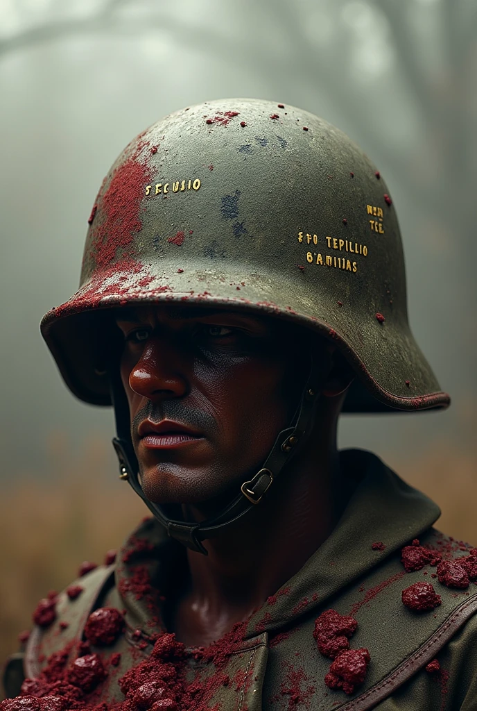 An artistic rendering of a bloodied and worn soldier&#39;s helmet, written in it the book of 2 Timothy, Chapter 2, verse 4 and Ecclesiastes 4, verse 9 of the Bible in Portuguese (br)