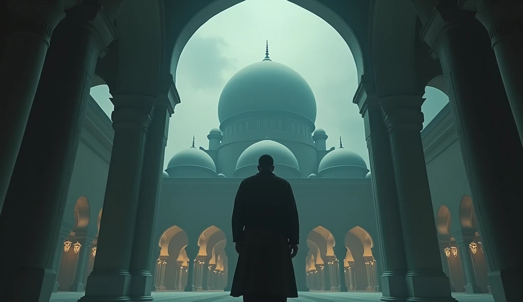 (Horror story title: Forbidden secret in the mosque dome)
Scene 2: Ustaz Malik is restless
- Ustaz Malik stood near the mosque, looking at the dome with an anxious and afraid expression. In the distance, the Maghrib call to prayer sounded, and Ustaz Malik looked increasingly anxious.