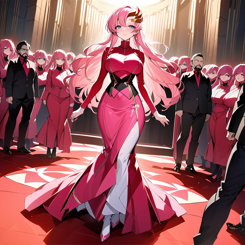 ((best quality)), ((masterpiece)), (detailed), (Perfect face)、This woman is Lacus Klein, Wife of mysterious cult leader. she has blue eyes, Medium-long pink hair, Hair accessories, and wearing the extravagant clothing of a mysterious religious organization, And an engagement ring.、The woman is the wife of a middle-aged woman, The bearded cult leader she admired so much.、He is standing on the altar of a cult,Surrounded by a mysterious cult leader dressed in extravagant cult leader clothing.