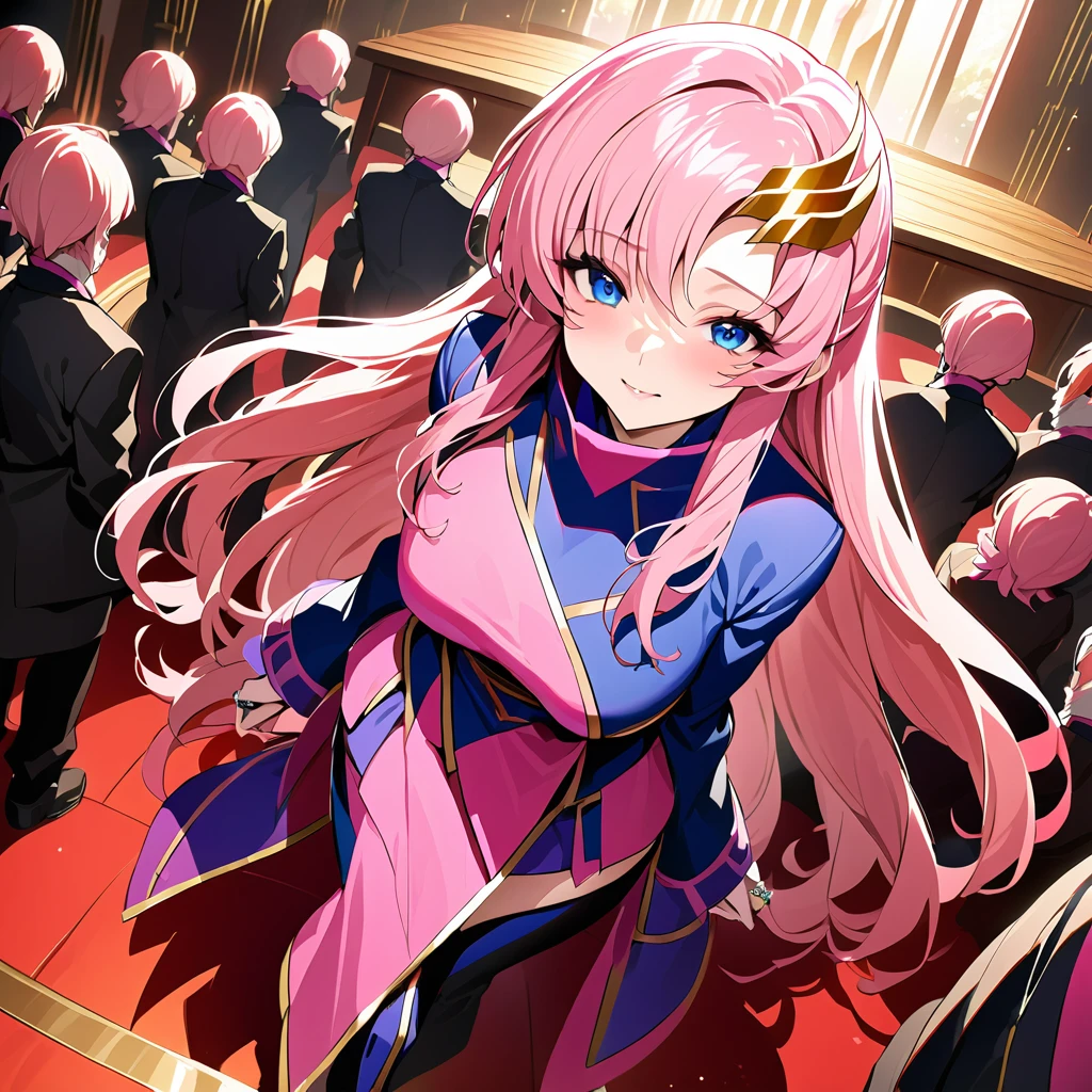((best quality)), ((masterpiece)), (detailed), (Perfect face)、This woman is Lacus Klein, Wife of mysterious cult leader. she has blue eyes, Medium-long pink hair, Hair accessories, and wearing the extravagant clothing of a mysterious religious organization, And an engagement ring.、The woman is the wife of a middle-aged woman, The bearded cult leader she admired so much.、He is standing on the altar of a cult,Surrounded by a mysterious cult leader dressed in extravagant cult leader clothing.