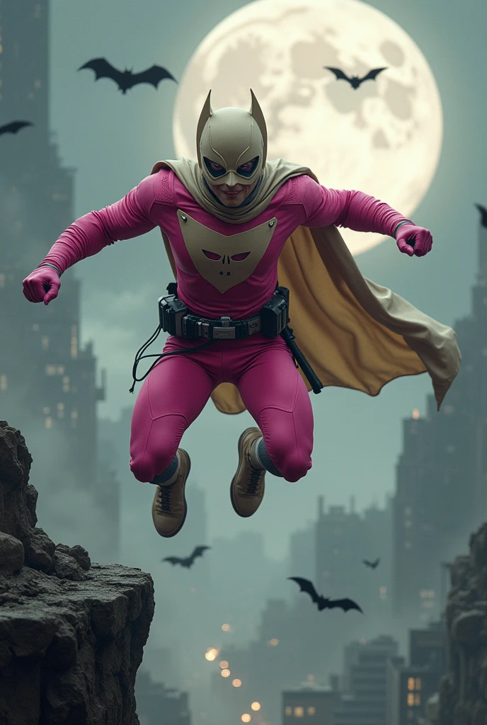 Malaysia man in high-tech suit, vivid effects, malaysian superhero (KELUANG MAN)(( in a striking pink and beige costume cyberpunk design, mask small mini bat ear beige, daredevil beige mask, ))jumpsuit dark pink stands confidently in a dramatic.jumping from high place.hero costume.one hand rise up. Big triangle logo on the chest.high detail Punisher logo on the chest. Fighting pose , stormy landscape. ((Head covered node guard like batman. Running pose , athletic body type, small mini ear bat mask))The character wears domino mask a helmet with pointed mini torn ears and a flowing cape biege, open nose and mouth. Equipped with visible futuristic weapons on a belt,bullet proof jacket pink dark day.show fingers pose, dark night, big supermoon effect . Small logo on chest triangle shape small punisher logo center(( skull triangle Casey Jones mask shape logo)) center on chest pink logo mini logo . rocky. Building top.smoke ground.((jumping from the building Man hangging on the black rope)) , bomb effect background, losse pants, losses costume.adding to --ar 3:4 --style raw --stylize 500 --v 6.1. chaos. Lot of small flying bat. One leg on the high stone. Man. Wear hologram watch.. Real man age 40 year old. One hand holding belt.one hand holding black rope hanging on building. Big pant pink. Beige cape joodie.(( Loose pant)) , jump on high building)marvel , X-Men.