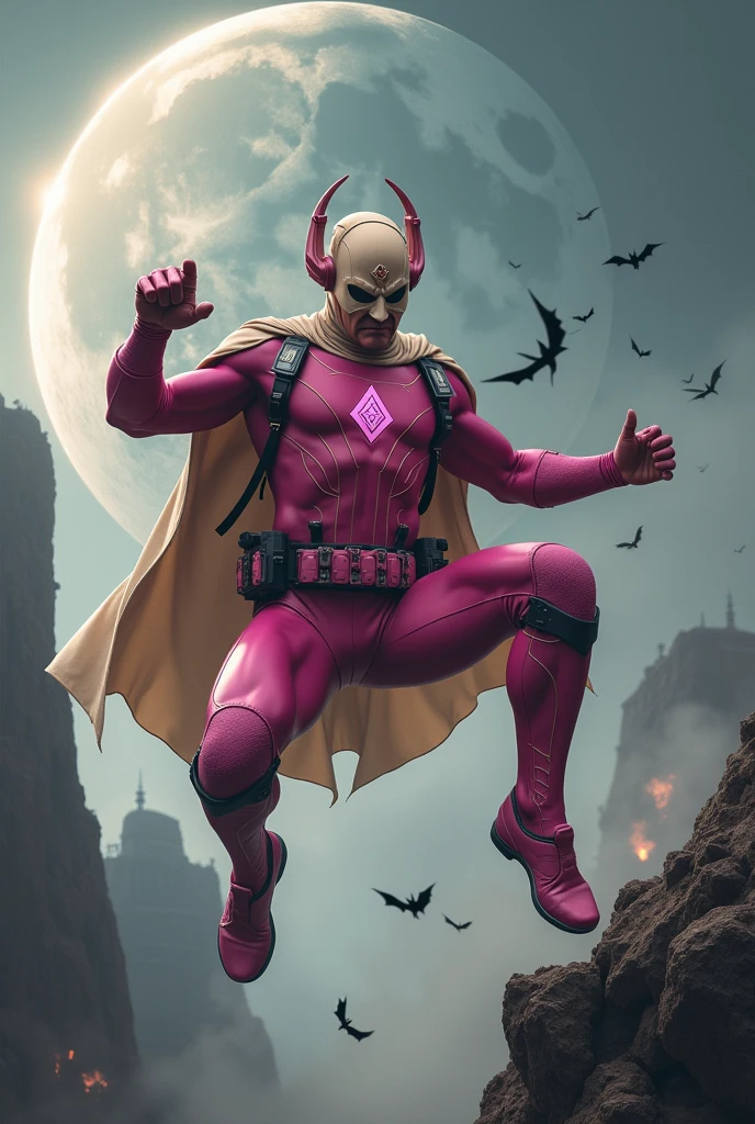 Malaysia man in high-tech suit, vivid effects, malaysian superhero (KELUANG MAN)(( in a striking pink and beige costume cyberpunk design, mask small mini bat ear beige, daredevil beige mask, ))jumpsuit dark pink stands confidently in a dramatic.jumping from high place.hero costume.one hand rise up. Big triangle logo on the chest.high detail Punisher logo on the chest. Fighting pose , stormy landscape. ((Head covered node guard like batman. Running pose , athletic body type, small mini ear bat mask))The character wears domino mask a helmet with pointed mini torn ears and a flowing cape biege, open nose and mouth. Equipped with visible futuristic weapons on a belt,bullet proof jacket pink dark day.show fingers pose, dark night, big supermoon effect . Small logo on chest triangle shape small punisher logo center(( skull triangle Casey Jones mask shape logo)) center on chest pink logo mini logo . rocky. Building top.smoke ground.((jumping from the building Man hangging on the black rope)) , bomb effect background, losse pants, losses costume.adding to --ar 3:4 --style raw --stylize 500 --v 6.1. chaos. Lot of small flying bat. One leg on the high stone. Man. Wear hologram watch.. Real man age 40 year old. One hand holding belt.one hand holding black rope hanging on building. Big pant pink. Beige cape joodie.(( Loose pant)) , jump on high building)marvel , X-Men.