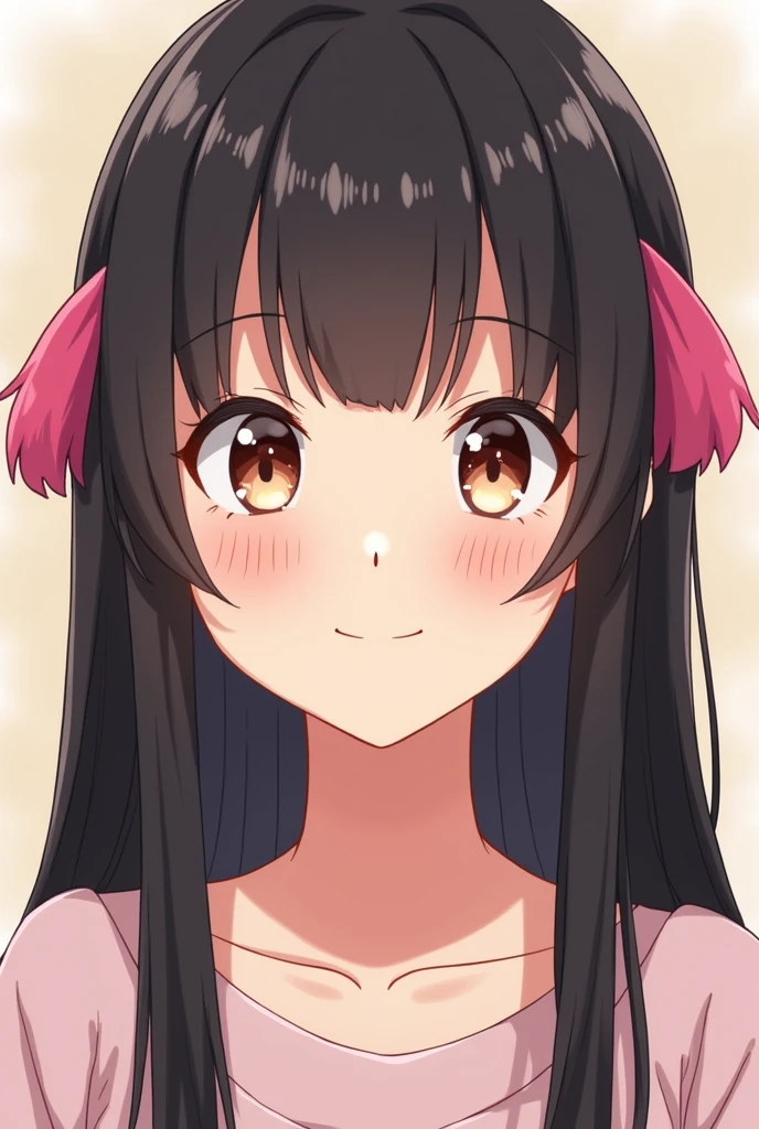 Young woman of 2. Straight black hair with 3 pink strands. Brown eyes. smiling. anime "Nanatzu&#39;s Taizai"