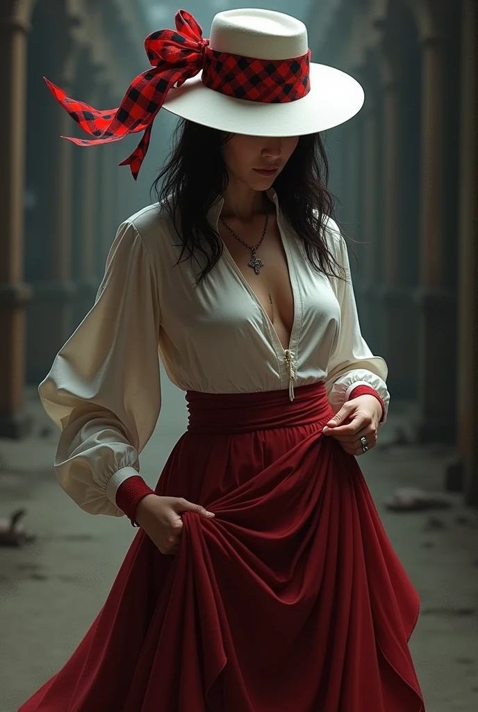 Naughty Maria, the razor of Calunga, A woman would be, wearing a white hat with red and black checkered ribbon, smoking a cigarette, wearing a long skirt and holding the skirt with only one hand