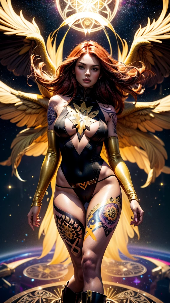 1girl, solo, Jean Grey of X-men, high leg cut out unitard of black and gold, boob window in unitard, ((thighs showing)), ((calf-high boots)), (color mandala tattoos on thighs:1.37), wings on hips, floating in space, arms out in power pose, contrapposto stance, dramatically colorful cosmic background, moody lighting, 16k, best quality, masterpiece, (wide angle:1.27), full length portrait