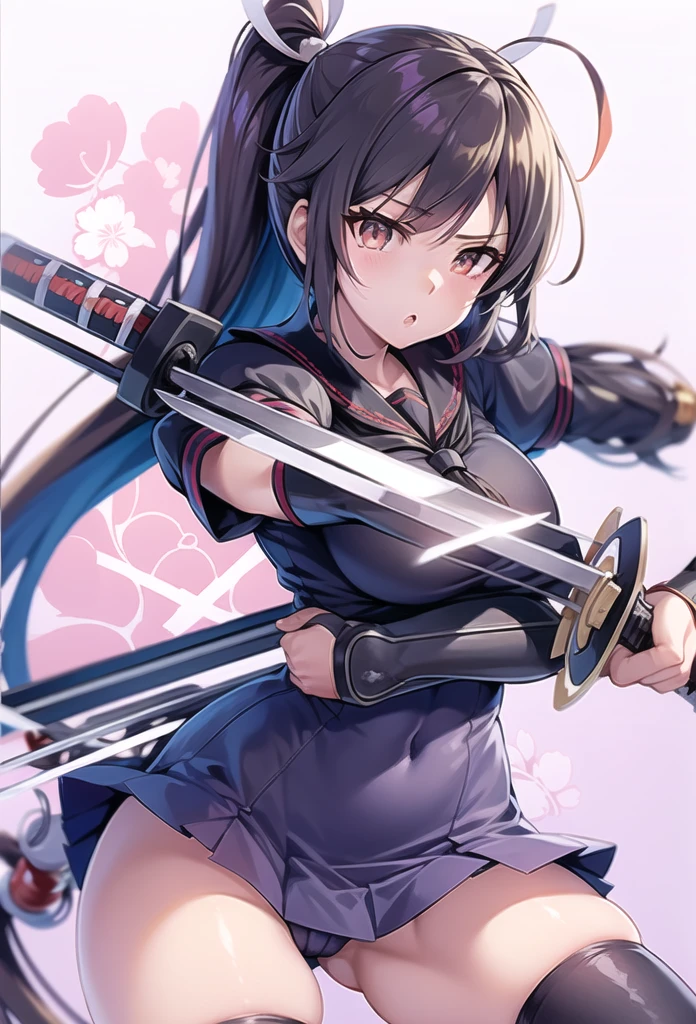 anime girl with long hair and two swords in her hand, female action anime girl, katana zero, by Jin Homura, katana, unsheathing her katana, yuyushiki, wielding kunai, katana zero video game character, ikki tousen, with large sword, she is holding a katana sword, kantai collection style
,wearing Hebijo Uniform from senran kagura ninja flash, Solo, brown skin 1girl, Solo, High Resolution, Sparkle,