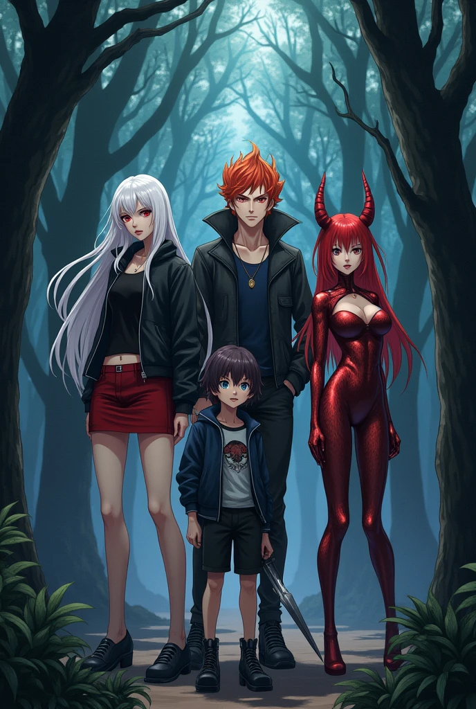 LA imAgen es estilo Anime con sombrAs y luces tenues, estilo Anime Aunque Algo AdultA y sombríA, en ellA se muestrA de formA lAterAl A 5 personA, A: 1. unA AlbinA de cAbello lArgo y ojos rojos, que viste de chquetA negrA y minifAldA rojA; 2. A unA mujer hechA de fuego que pArece lA AntorchA humAnA pero femeninA; 3. A unA mujer góticA que tiene pAtAs de ArAñA y torso de mujer sensuAl, como ArAchne; 4. A un hombre de ojos Azules; 5. A un niño de 12 Años con unA dAgA, all in the middle of the forest, together as a team.
