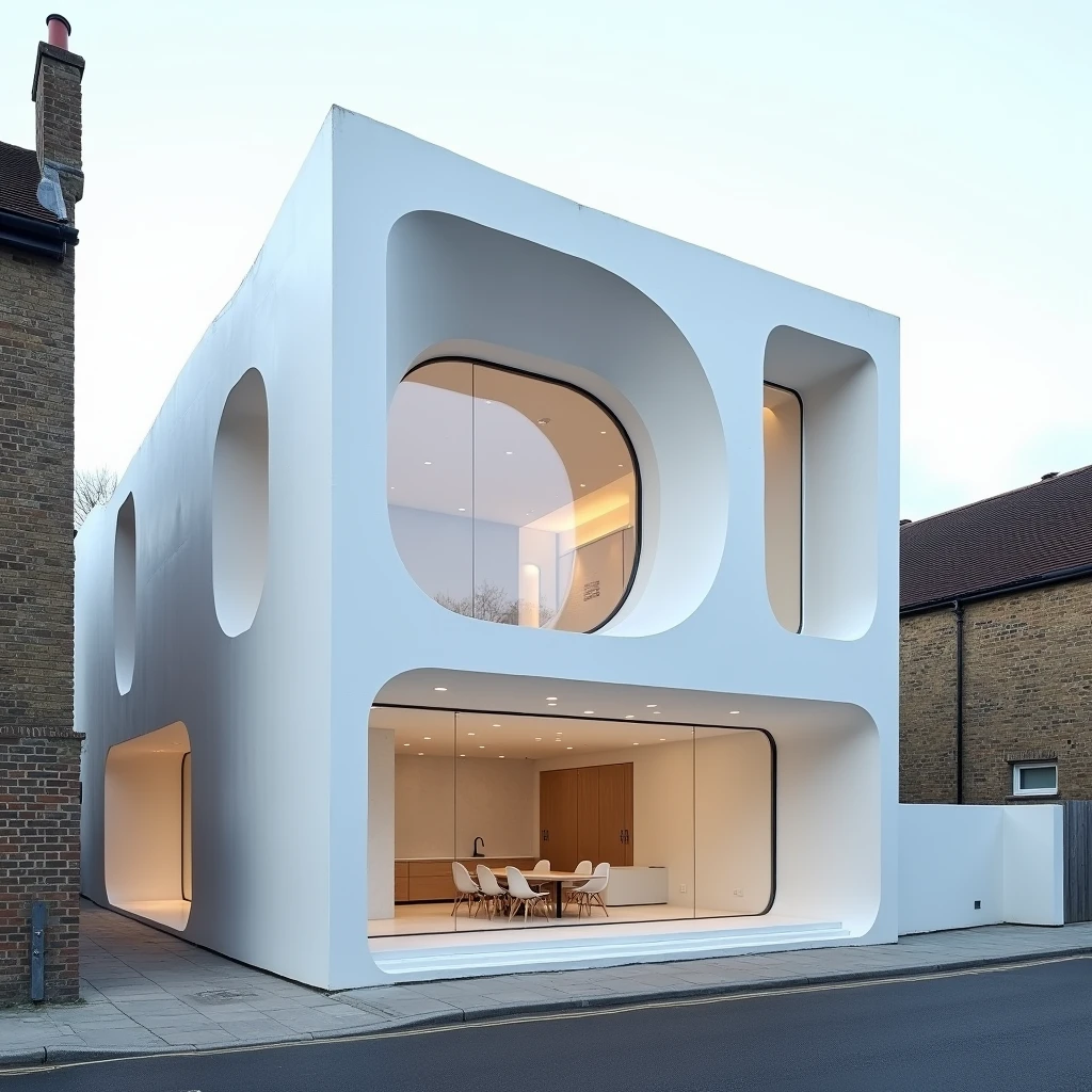 Create an artistic photograph of a modern contemporary home with a minimalistic garden in the front, designed by Zaha Hadid Architects. The house should feature cube-shaped spaces and partitions with a sleek, avant-garde design. The exterior should be predominantly white, showcasing a clean and modern aesthetic with fluid, dynamic lines characteristic of Zaha Hadid’s style. Capture the scene with a close, frontal view, emphasizing the unique geometric structure of the home. The setting is a street in London, blending the contemporary architecture with the urban surroundings