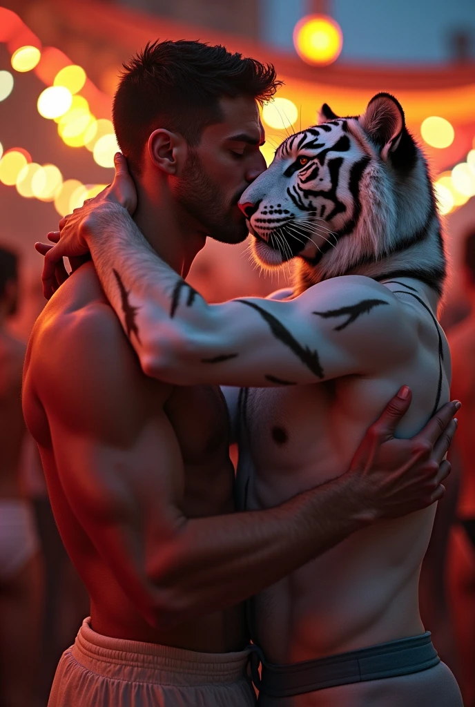 Half White tiger and half man human kissing a man  naked, cruise, man having sex with other man. Nighttime , white party, gay flag 