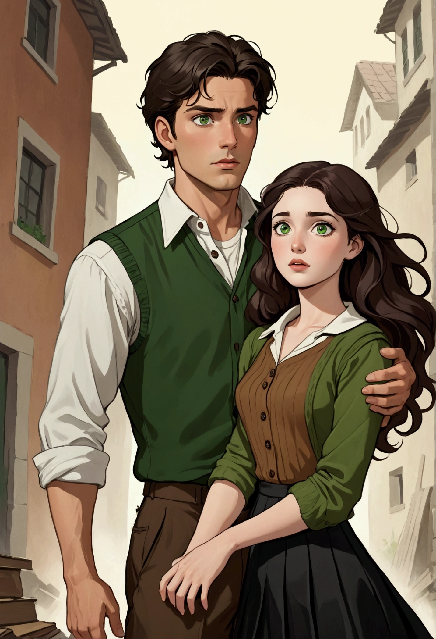 Create an image, in the style of drawing for book cover, of a young woman of about twenty-three years old with long hair, brown in color and wavy, green eyes and white skin, she must be in the arms of a man both with a slightly surprised expression, as if she had fallen and he had caught her before it happened. This man must look young too, with white skin and black hair, he must be tall and have an athletic body, broad shoulders and steady hands. Your face should be masculine with strong eyebrows and dark eyes.. Men's hair should be slightly wavy, almost smooth and black in color. She should be wearing a black pleated skirt above the knees with an ivory colored button-down long sleeve blouse., over the shirt she must be wearing a brown sleeveless sweater and tractor moccasin shoes, and he must be wearing a white button-down shirt tucked into his black pants, his shirt sleeves should be rolled up to about the elbow and a brown oxford dress shoe. The image should convey a youthful and fun air., She must look like a clumsy young lady and he must look like a firm and sarcastic man.