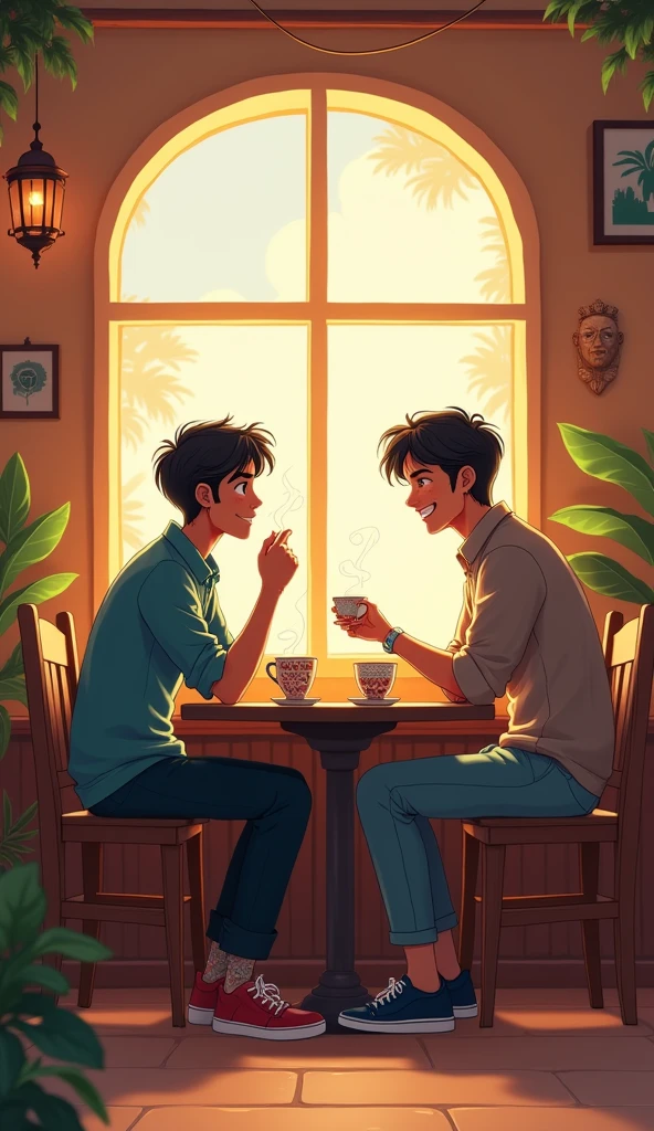 4K quality viral anime in the style of digital illustration one day, two friends sitting at this same nook tea shop, Rahul and Vijay, were drinking tea. Rahul was a software engineer and Vijay a marketing expert. Along with tea, they talked about their dreams. Dream of earning millions. Cartoon