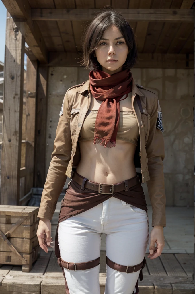 Hmmikasa, Hmmikasa de la vida real de pie frente a la playa de Whole body, short hair, black eyes, scarf, emblem, belt, thigh strap, red scarf, white pants, brown jacket, long sleeves, three-dimensional maneuvering equipment, Scouting Corps uniform, (small nose), (Whole body)