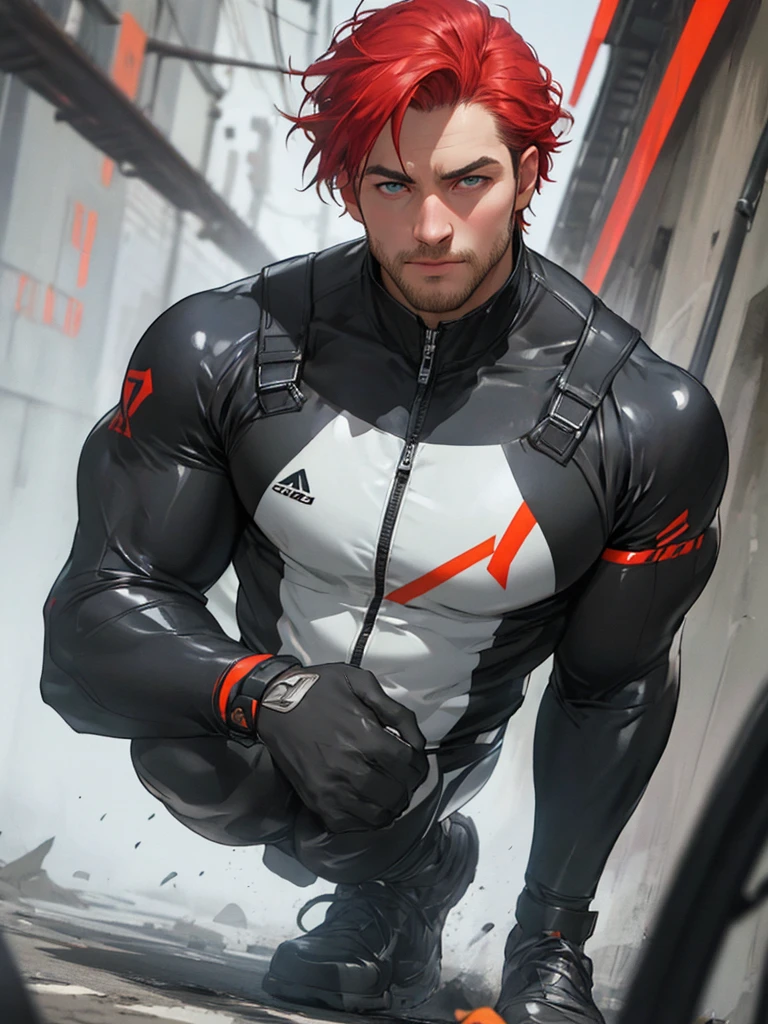 masculino, meio corpo, jovem, franja na face quase cobrindo o olho direito, correntes saindo dos pulsos, omega red, superheroi, roupa techwave, militar modeno, warframe.