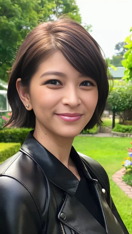 


最high quality, 8k, Vibrant, Sharp focus, high quality, High resolution, Middle-aged women, Mature Woman, 5, (whole bodyエズビアン), (High heels face detail, Highly detailed eyes, Plump figure、Plump face、((big 1.6))、((Black leather clothing))、garden、Random Hairstyles、A kind smile、Very short hair、((whole body))、