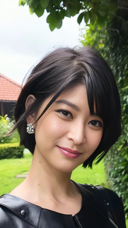 最high quality, 8k, Vibrant, Sharp focus, high quality, High resolution, Middle-aged women, Mature Woman, 5, (whole bodyエズビアン), (High heels face detail, Highly detailed eyes, Plump figure、Plump face、((big 1.6))、((Black leather clothing))、garden、Random Hairstyles、A kind smile、Very short hair、((whole body))、