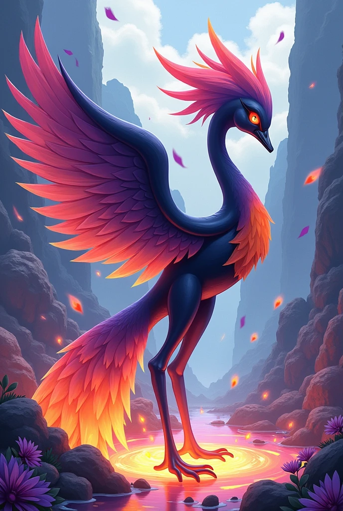 create an anime style pokemon, electric type, fire and fairy, Inspired by a black glass swan, with purple and orange colors, elegant and powerful, Located on a lava lake with rocky areas and purple flowers, watercolor art, key visual anime y pokemon