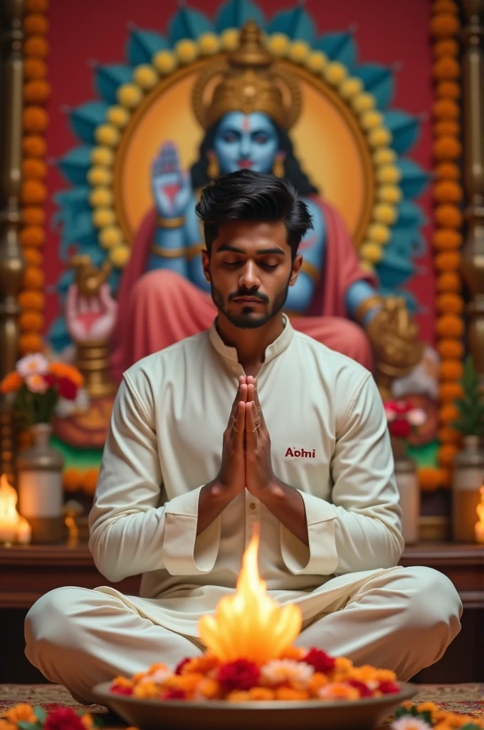 A 40 years old boy, is seated and praying in front of a Shivling adorned with flowers and belpata (green leaves). Behind him, there's a floral board with an image of Lord krisna. The boy is wearing a white kurta on which name "ABHI" written clearly , have stylish hair and look very cute, enhancing the spiritual or religious ambiance.