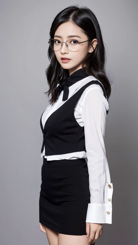 (Highest quality:1.5), (Real:1.4), (Ultra high definition:1.4), (No correction:1.4), (skinny Japanese woman with average size breasts standing front plain background in studio), (A woman wearing black-rimmed glasses), (Very small eyes), (breasts of average size), (Average height), (Bangs that hide eyebrows), (Long black hair), (Dark personality expression), (White long sleeve blouse), (Black vest), (Black flared skirt), (black hair woman is standing with black flared skirt and black vest over the white blouse front plain background in studio), (woman viewed from the front), (Plain background), (Cowboy Shot), (Cold expression), (upright), (A woman with long black hair and glasses), (Bangs that cover the eyebrows), (Sharp and tiny eyes)