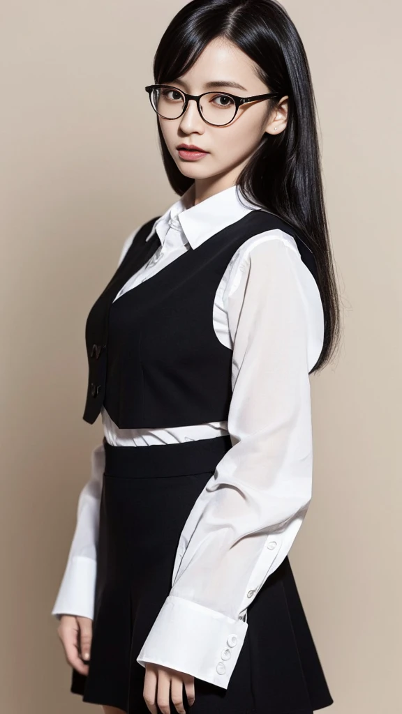 (Highest quality:1.5), (Real:1.4), (Ultra high definition:1.4), (No correction:1.4), (skinny Japanese woman with average size breasts standing front plain background in studio), (A woman wearing black-rimmed glasses), (Very small eyes), (breasts of average size), (Average height), (Bangs that hide eyebrows), (Long black hair), (Dark personality expression), (White long sleeve blouse), (Black vest), (Black flared skirt), (black hair woman is standing with black flared skirt and black vest over the white blouse front plain background in studio), (woman viewed from the front), (Plain background), (Cowboy Shot), (Cold expression), (upright), (A woman with long black hair and glasses), (Bangs that cover the eyebrows), (Sharp and tiny eyes)