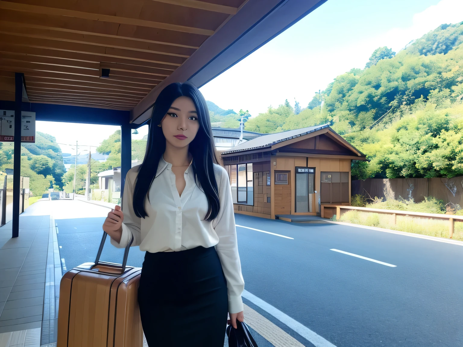 masterpiece, Highest quality, so beautiful, One adult female、Black Hair, Long Straight Hair, White shirt, Navy blue pencil skirt, Carry-on suitcase、autumn、Focus alone, over the counter, scenery, Outdoor, wood, ((Dark Sky)), building, Shadow, Real-world locations、live-action、Realistic、Japanese countryside station、Standing in front of the station、In front of the station、