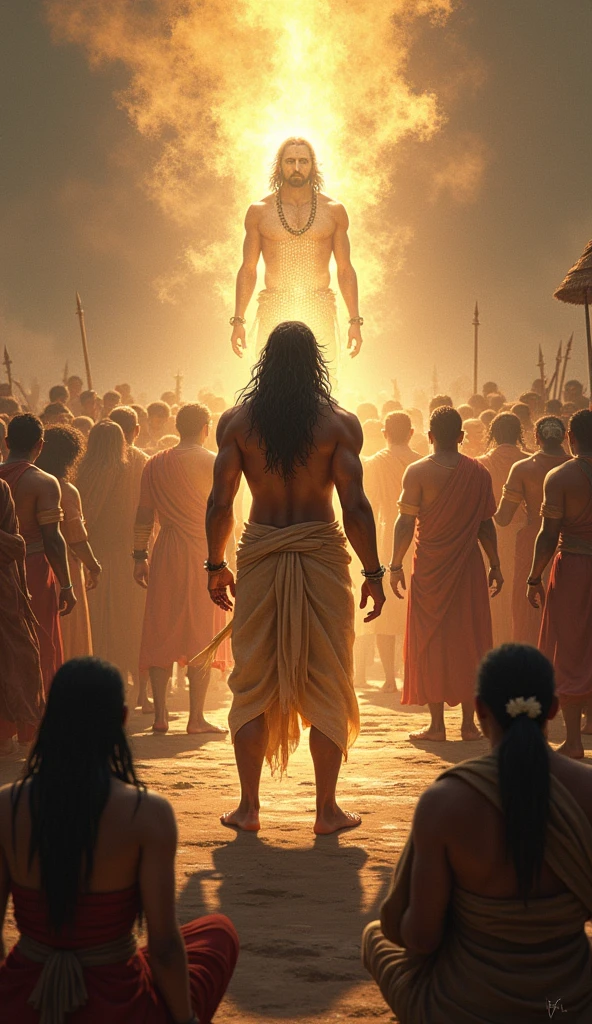 “A grand scene showing Karna being honored as ‘Daanveer Karna.’ A group of villagers, warriors, and celestial beings are gathered around him in admiration. Karna stands tall, looking humble yet strong, wearing simple clothes after giving away his armor. Above him, a faint aura glows, symbolizing his greatness and the respect he commands from everyone around.”