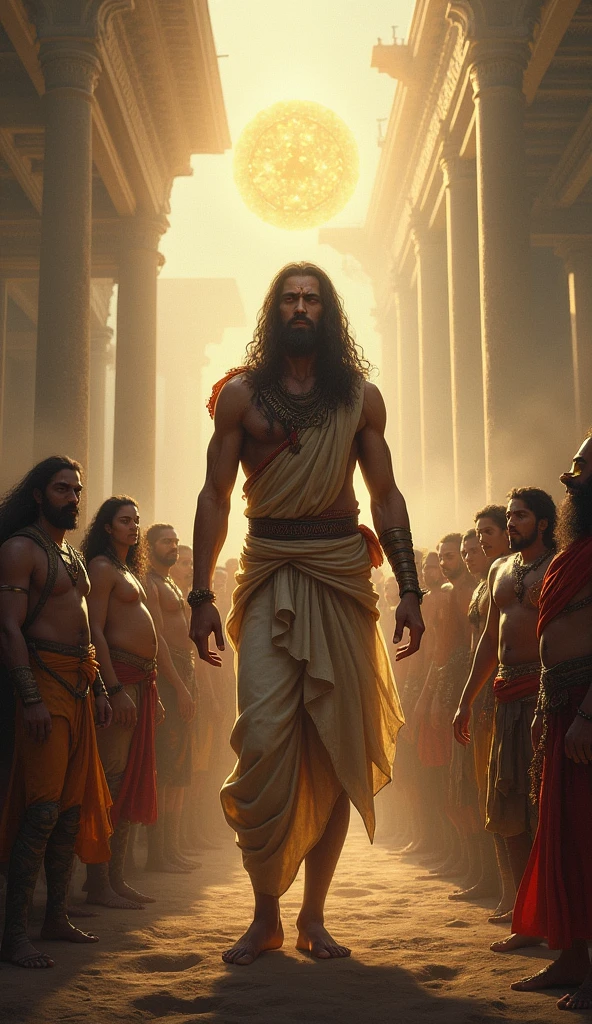 “A grand scene showing Karna being honored as ‘Daanveer Karna.’ A group of villagers, warriors, and celestial beings are gathered around him in admiration. Karna stands tall, looking humble yet strong, wearing simple clothes after giving away his armor. Above him, a faint aura glows, symbolizing his greatness and the respect he commands from everyone around.”