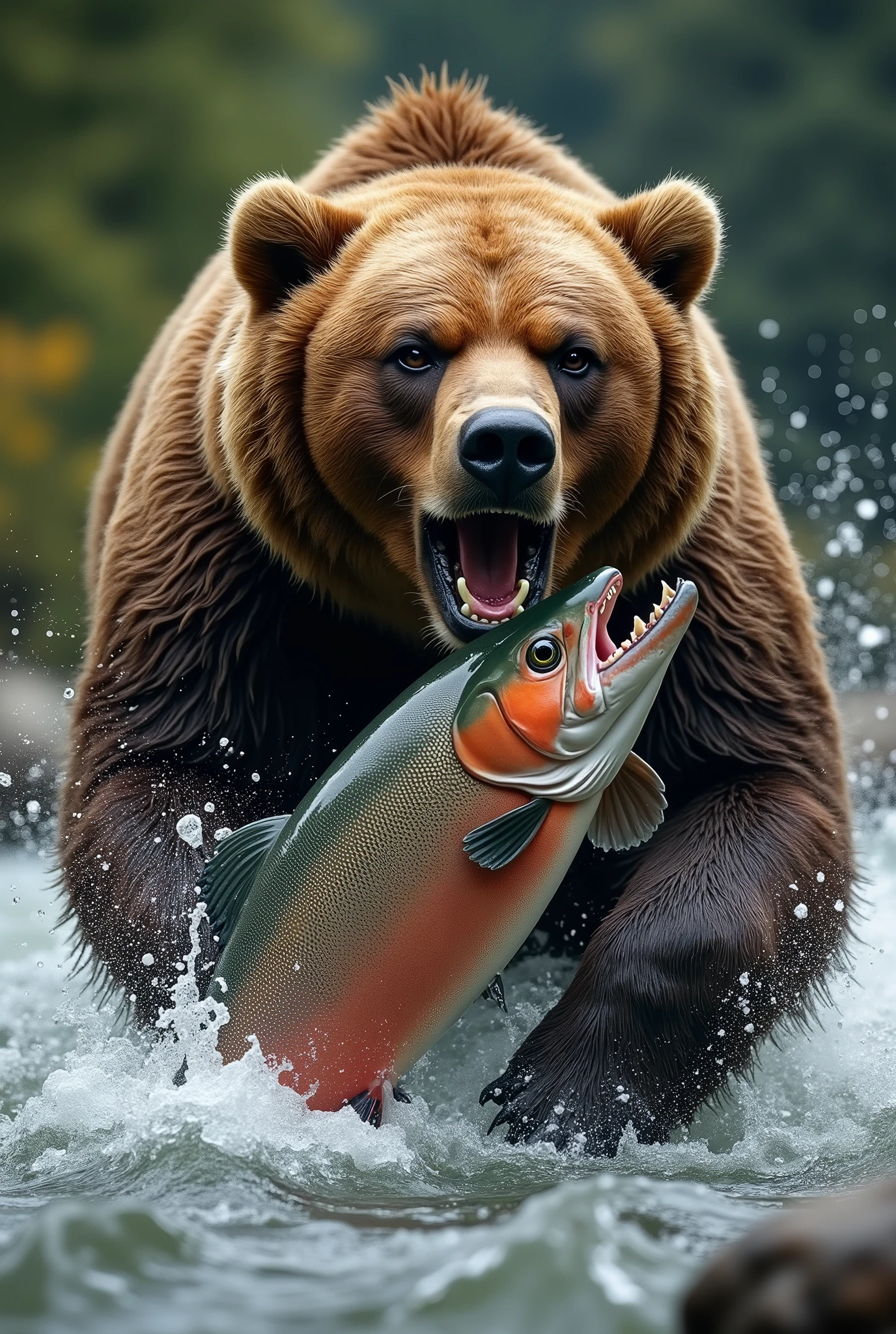 A salmon is being chased by a brown bear。, break , The salmon is biting a wooden carved statue of another brown bear in its mouth.