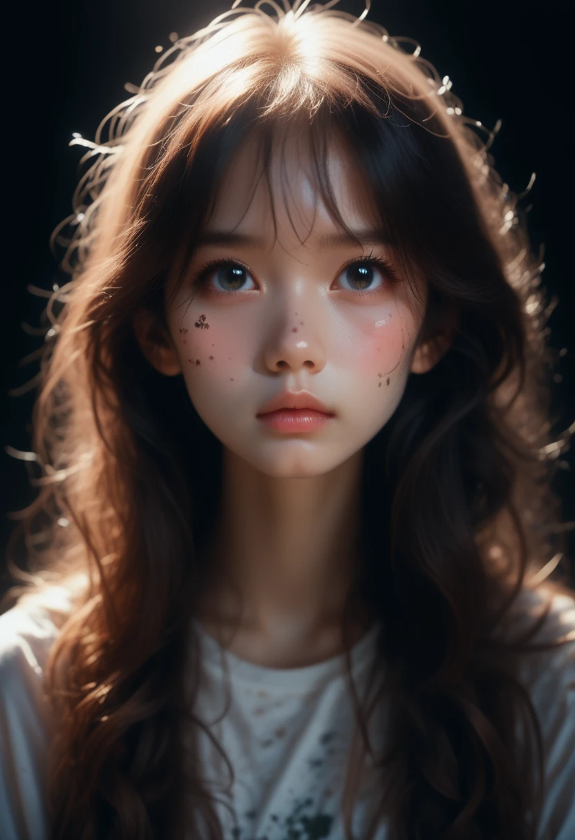 (anime),(cute)(masterpiece), (best quality),1girls,upper body,(double exposure:1.2),(simple background:1), (cinematic angle),(dynamic angle),messy long hair,(low contrast),(flat color:0.7)