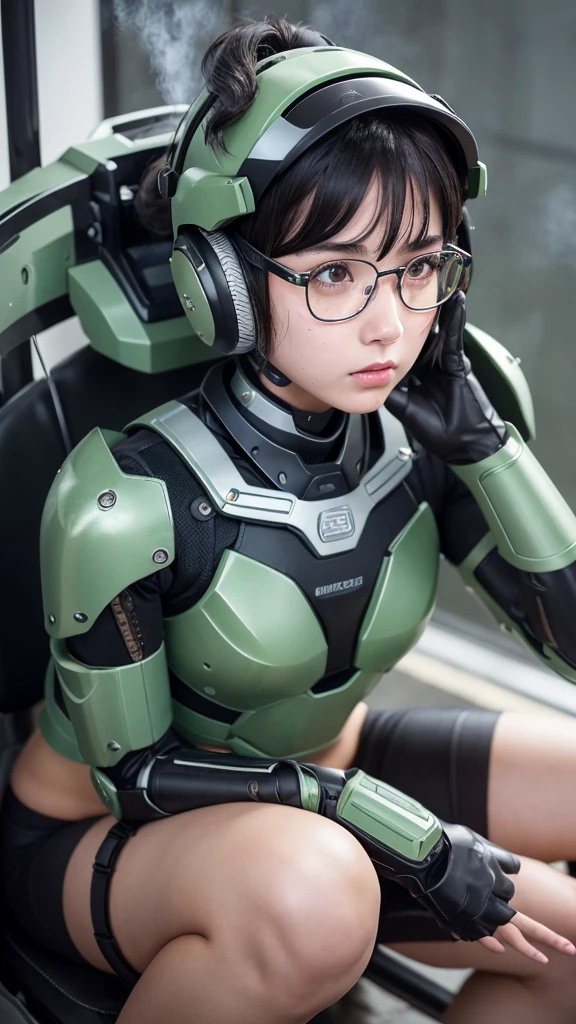 Textured skin, Super Detail, Attention to detail, high quality, 最high quality, High resolution, 1080P, hard disk, beautiful,(War Machine),beautifulサイボーグ女性,Dark Green Mecha Cyborg Girl,battle,Girl with a mechanical body,、Junior high school girl Very Short Hair、Sweaty brown eyes、Sweaty face、freckles Embarrassed expression blush cute Black-haired ((Steam coming out of the head)) Glasses Sit on a chair Spread your legs M foot opening (Shyness)